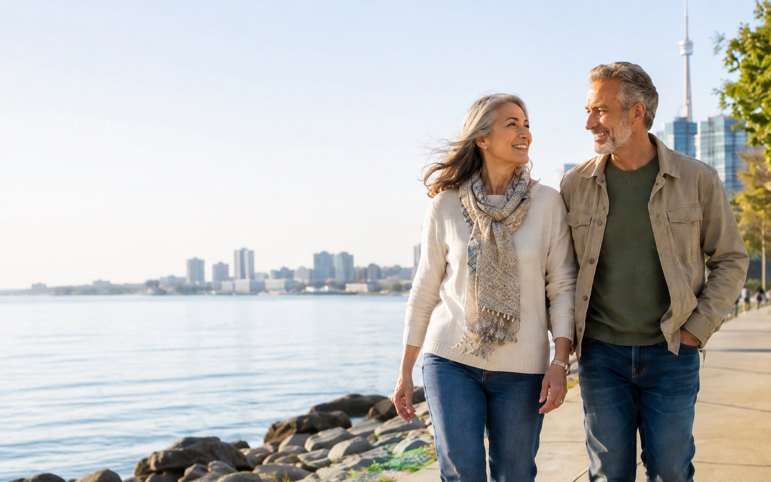 A couple in their sixties walking together beside a city waterfront